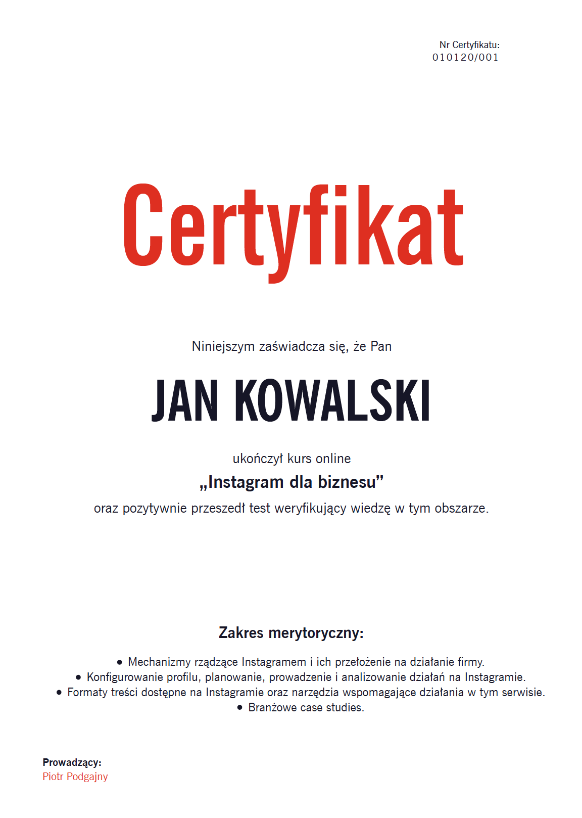 Instagram marketing kurs online - certyfikat